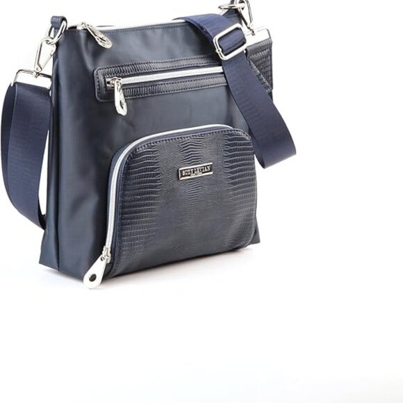 NWT Suzy Levian Navy Nylon Faux Crocodile Front Pocket Crossbody Handbag - Picture 2 of 7